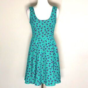Vintage dELiA*s Juniors Green Bird Pattern Fit & Flare Mini Dress Size 5/6